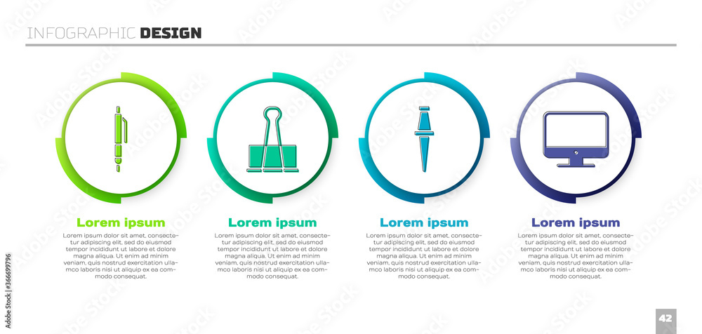 设置笔、活页夹、图钉和电脑显示器屏幕。商业信息图模板。矢量。