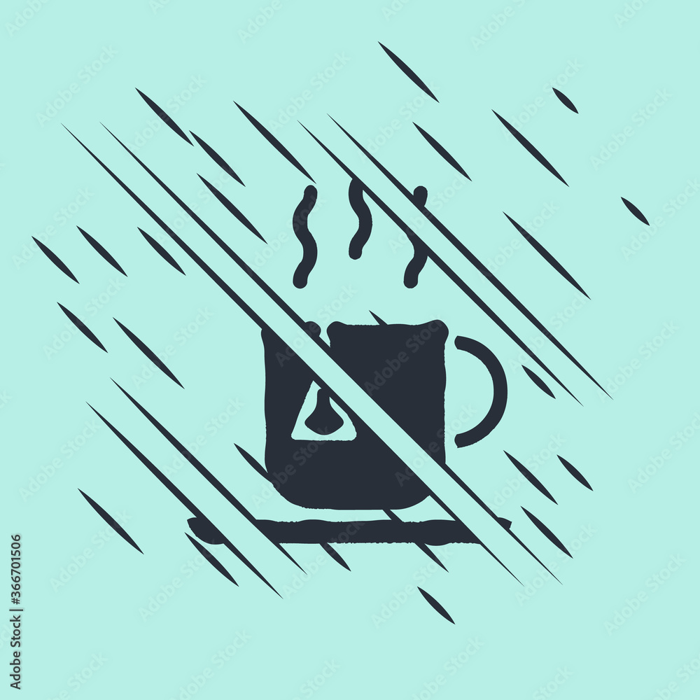 Black Cup of tea with tea bag icon isolated on green background. Glitch style. Vector Illustration.