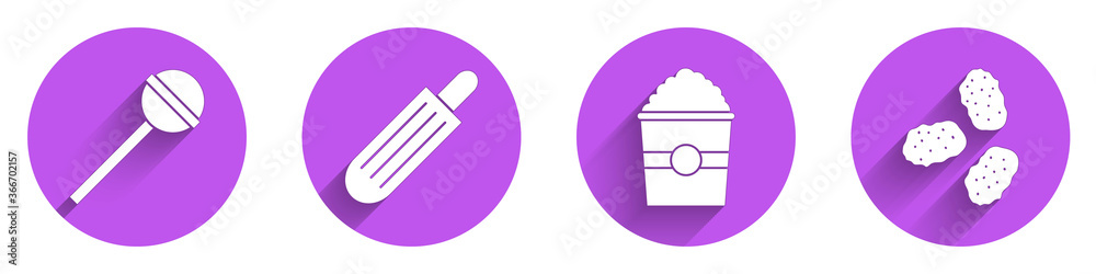 Set Lollipop, French hot dog, Popcorn in box and Chicken nuggets icon with long shadow. Vector.