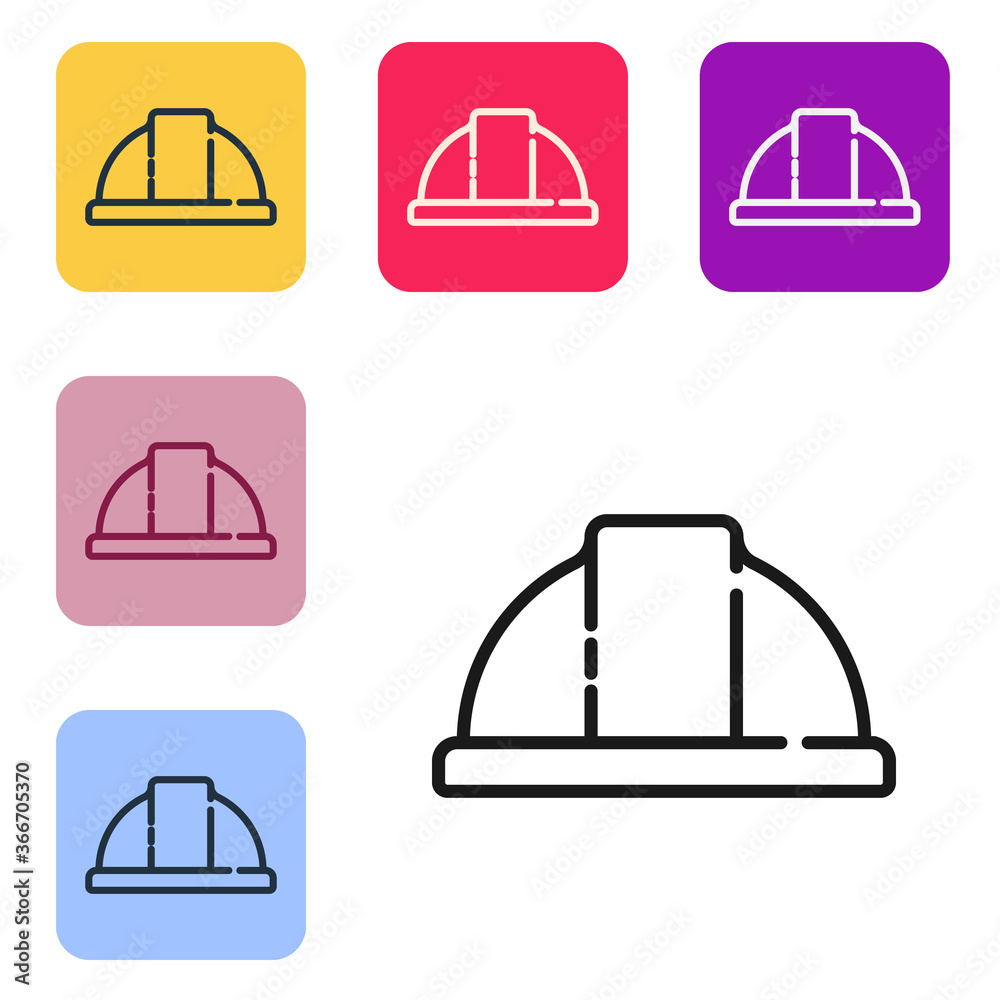 黑线工人安全帽图标隔离在白色背景上。将图标设置为彩色方形按钮