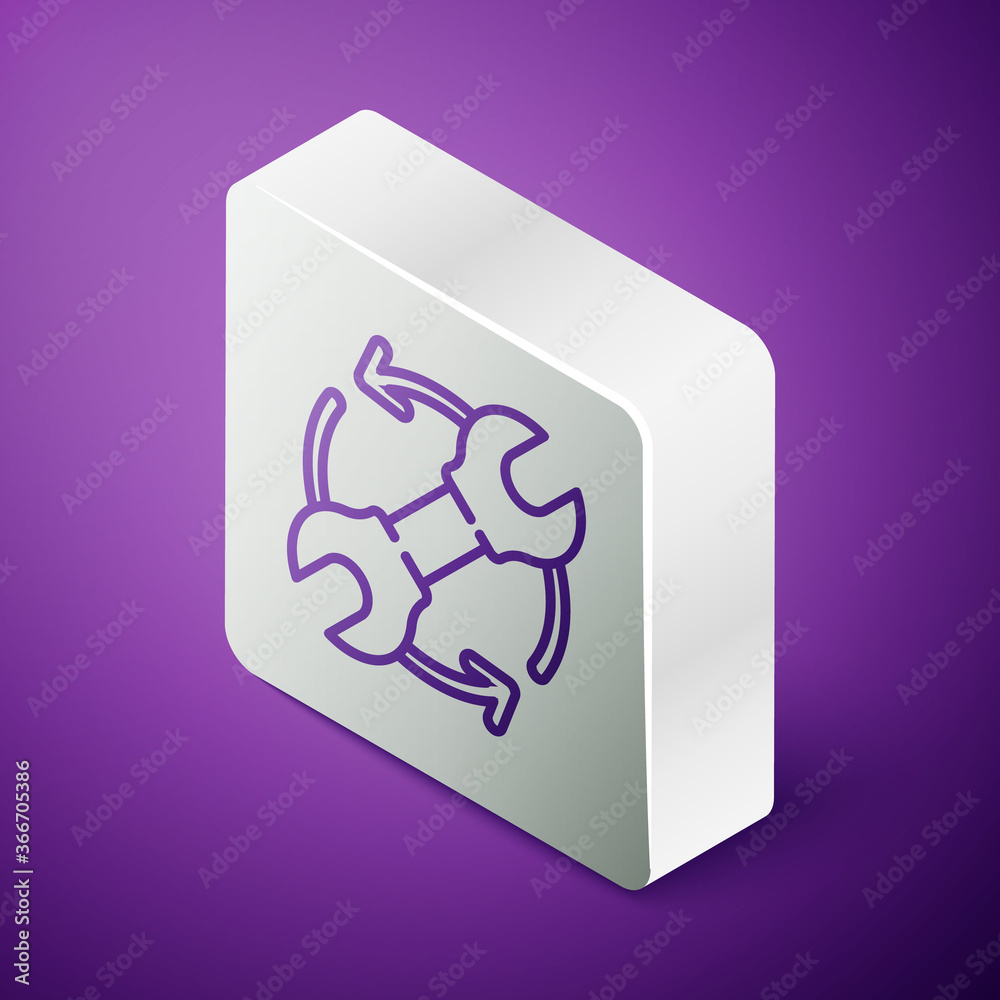 Isometric line Wrench spanner and arrows as workflow icon isolated on purple background. Adjusting, 