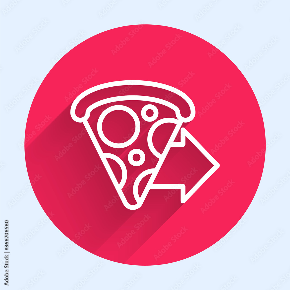 White line Online ordering and fast pizza delivery icon isolated with long shadow. Red circle button