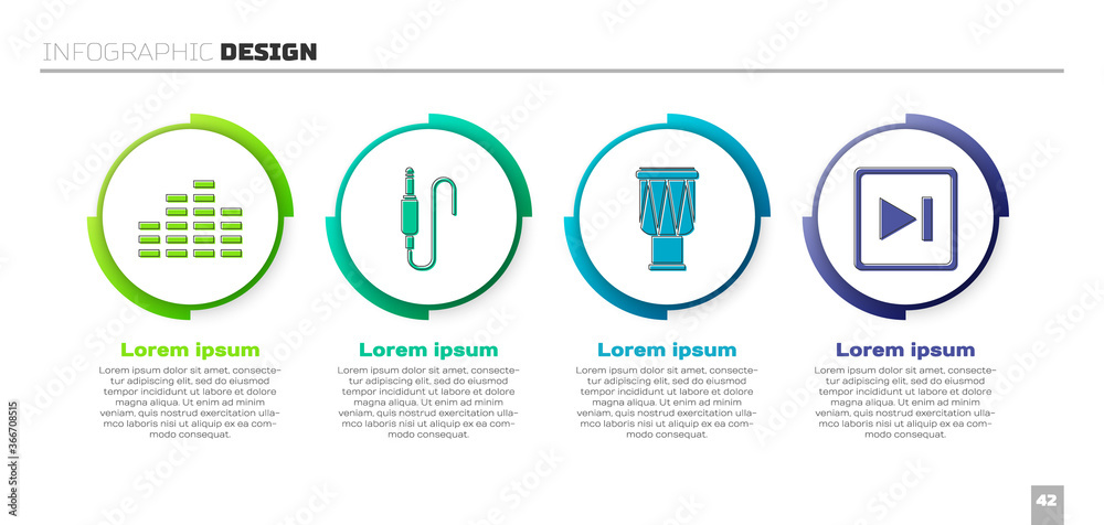 设置音乐均衡器、音频插孔、鼓和快进。商业信息图模板。矢量。