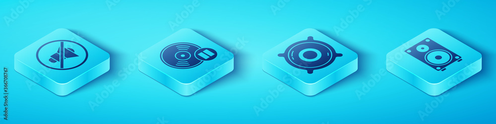 Set Isometric Speaker mute, Vinyl disk, Stereo speaker and Stereo speaker icon. Vector.