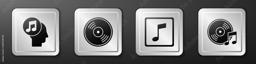 Set Musical note in human head, Vinyl disk, Music note, tone and Vinyl disk icon. Silver square butt