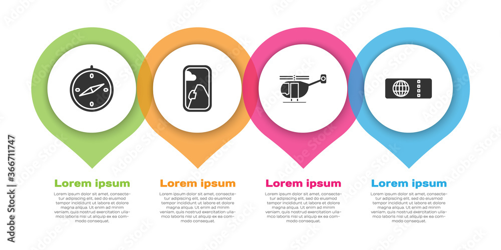 设置指南针、飞机窗口、直升机和机票。商业信息图模板。矢量。