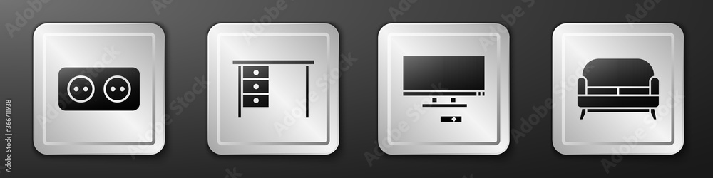 设置电源插座、办公桌、智能电视和沙发图标。银色方形按钮。矢量。