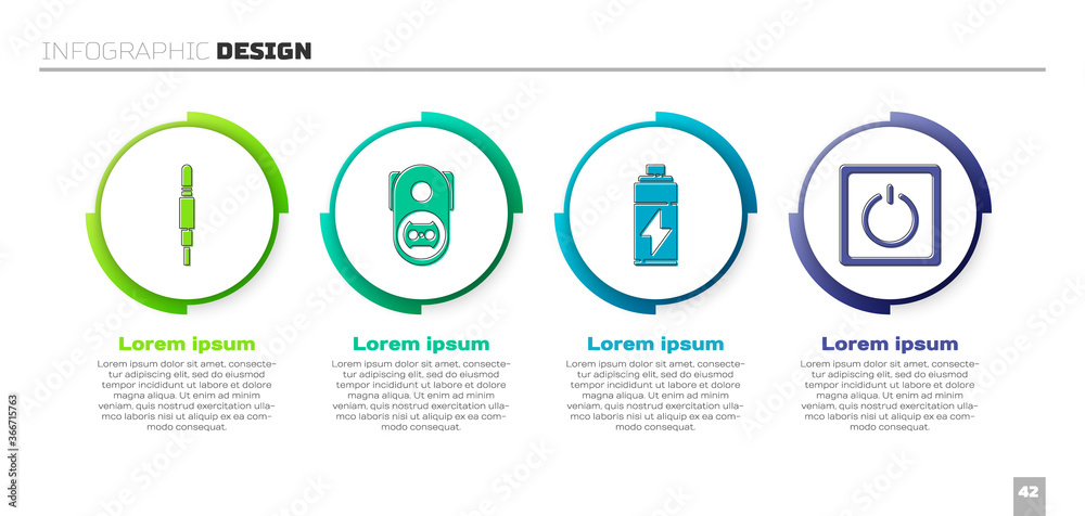 设置音频插孔、电源插座、电池和电灯开关。商业信息图模板。