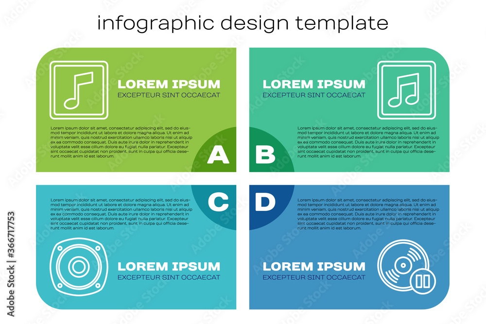 设置立体声扬声器，音乐音符，音调，乙烯基唱片和音乐音符，音色。商务信息图项目