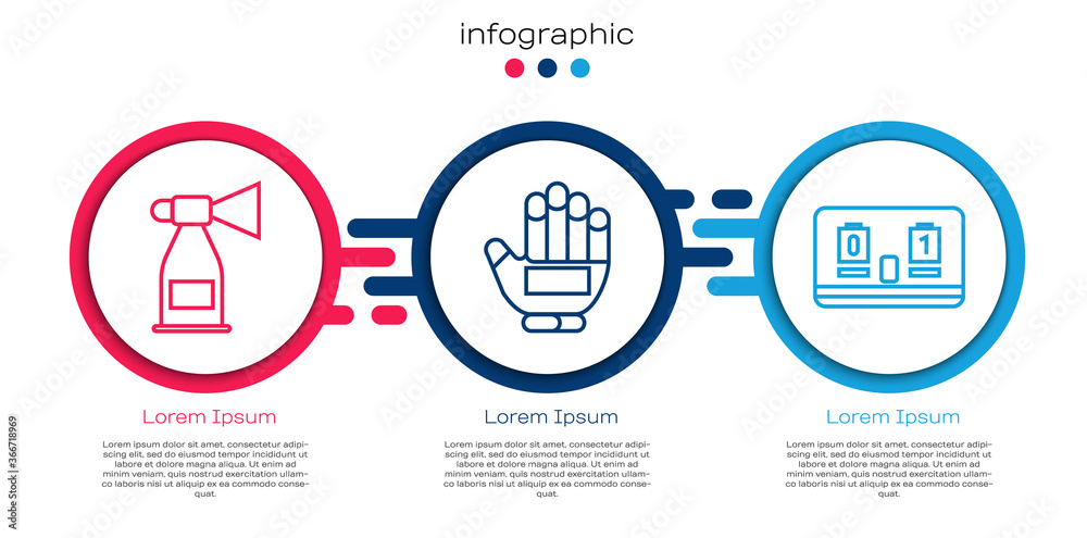 设置线路空气喇叭、冰球手套和冰球机械记分牌。商业信息图模板。Vec