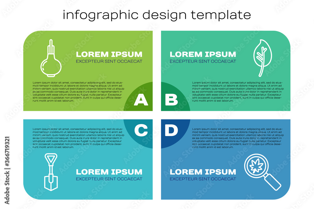 Set line Shovel, Onion, Magnifying glass with leaf and Leaf or leaves. Business infographic template