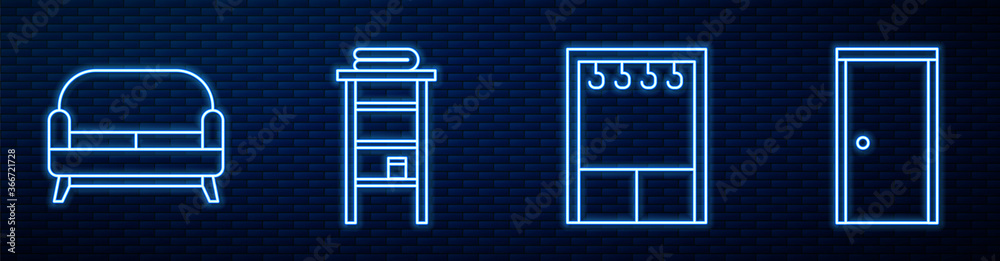 套装衣柜、沙发、带毛巾架的浴室架和闭门。亮起霓虹灯图标