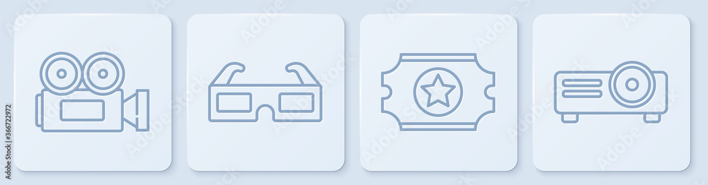 电影院摄像机、电影票、3D影院眼镜和电影、电影、媒体投影仪。白色平方米