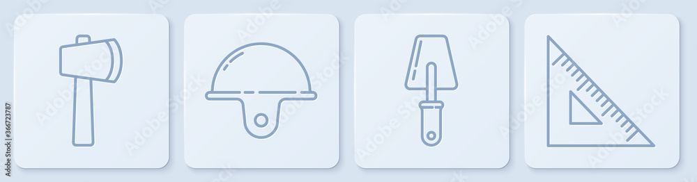 定线木斧、镘刀、工人安全帽和三角尺。白色方形按钮。矢量。