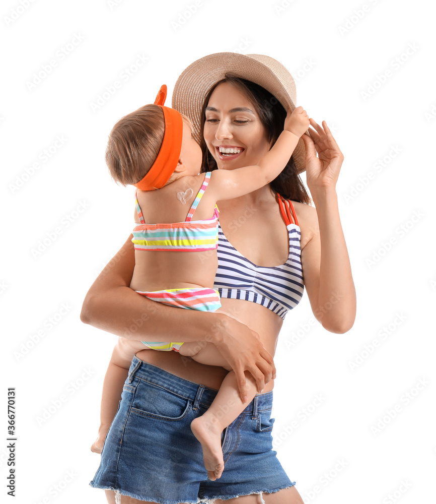 Mother and her little daughter on white background