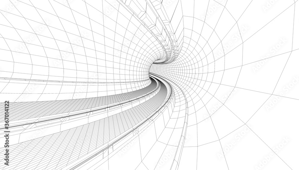地铁车站隧道蓝图的三维插图，以线框风格绘制