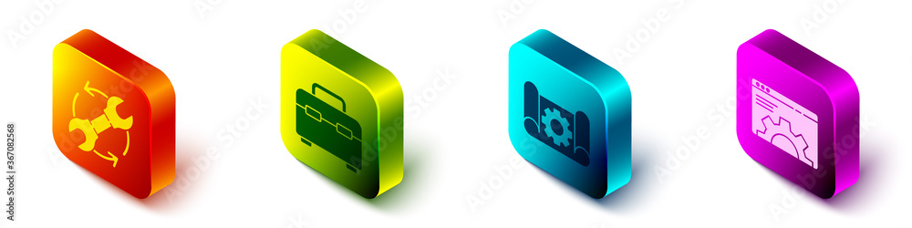 Set Isometric Wrench and arrows as workflow, Toolbox, Graphing paper and gear and Browser setting ic