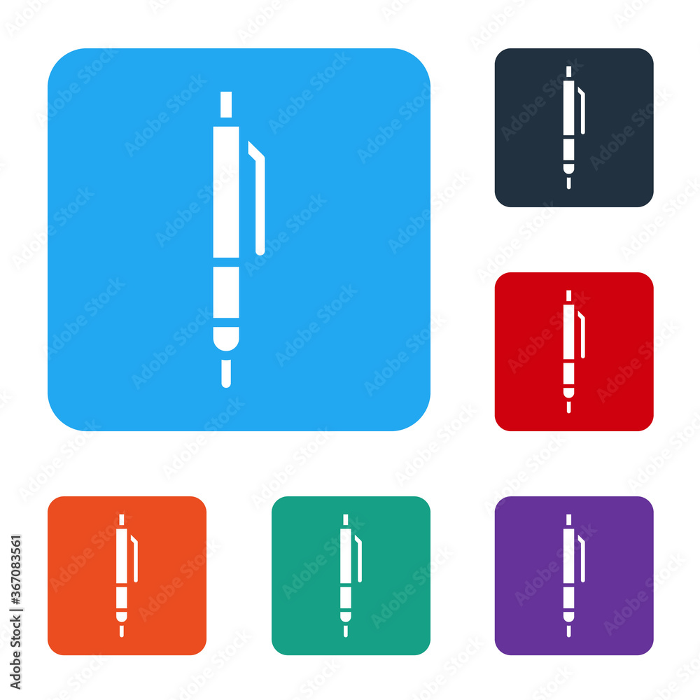白色笔图标隔离在白色背景上。将图标设置为彩色方形按钮。矢量插图。