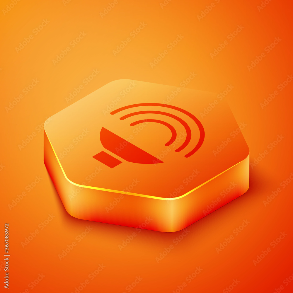 Isometric Speaker volume, audio voice sound symbol, media music icon isolated on orange background. 