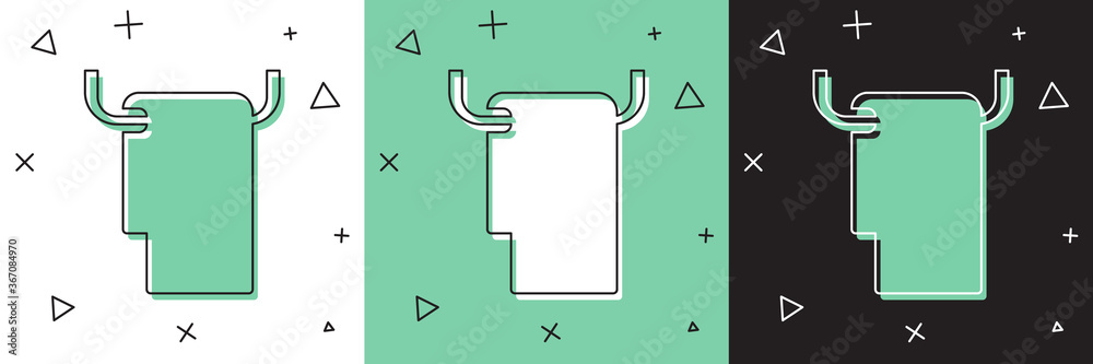 将毛巾放在挂钩图标上，在白色和绿色、黑色背景上隔离。浴室毛巾图标。Vecto