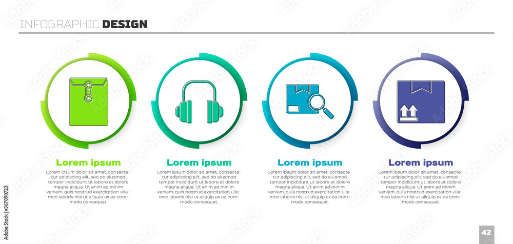 设置信封、耳机、搜索包和带有交通标志的纸板箱。商业信息图