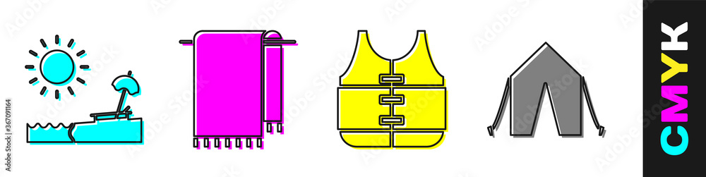 用雨伞和椅子、衣架上的毛巾、救生衣和旅游帐篷图标设置海滩。矢量。