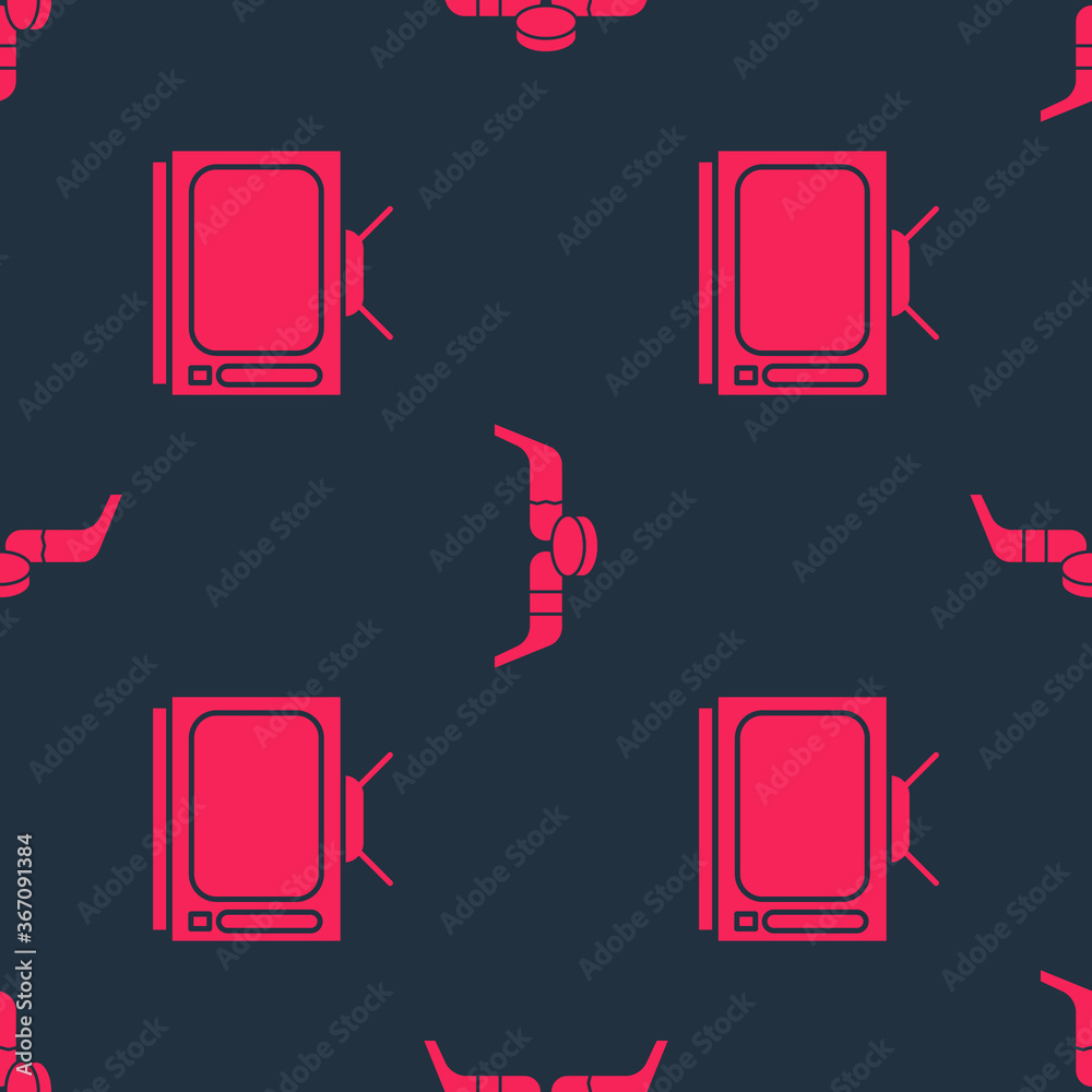 Set Retro tv and Ice hockey sticks and puck on seamless pattern. Vector.