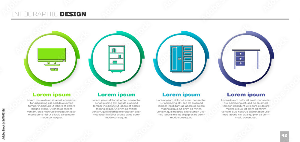 设置智能电视、图书馆书架、衣柜和办公桌。商业信息图模板。矢量。