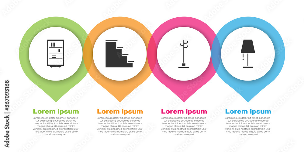 设置图书馆书架、楼梯、衣帽架和台灯。商业信息图模板。矢量。
