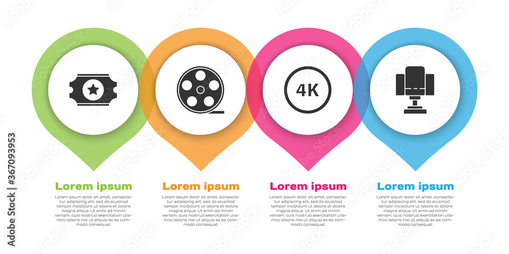 设置电影票、电影卷轴、4k超高清和导演电影椅。商业信息图模板.V