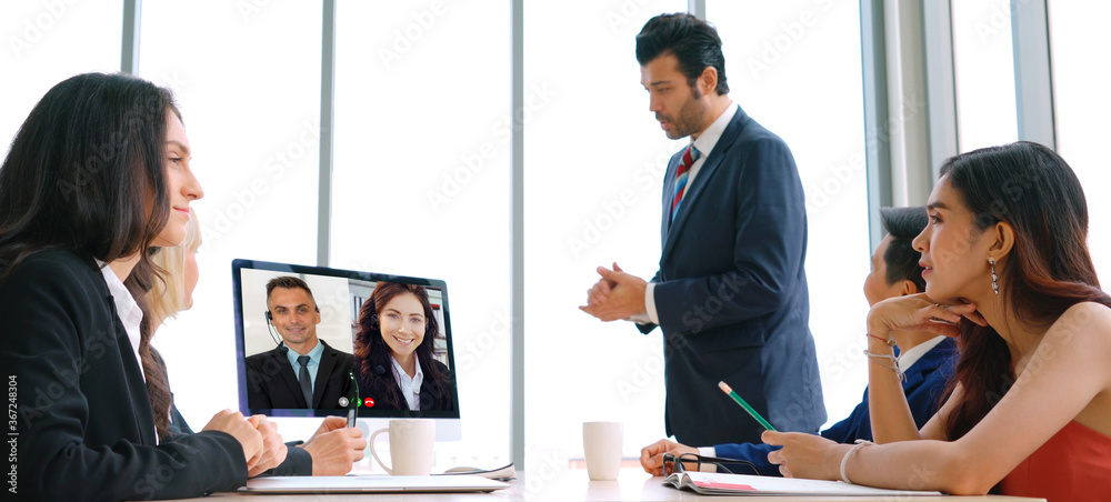 Video call group business people meeting on virtual workplace or remote office. Telework conference 