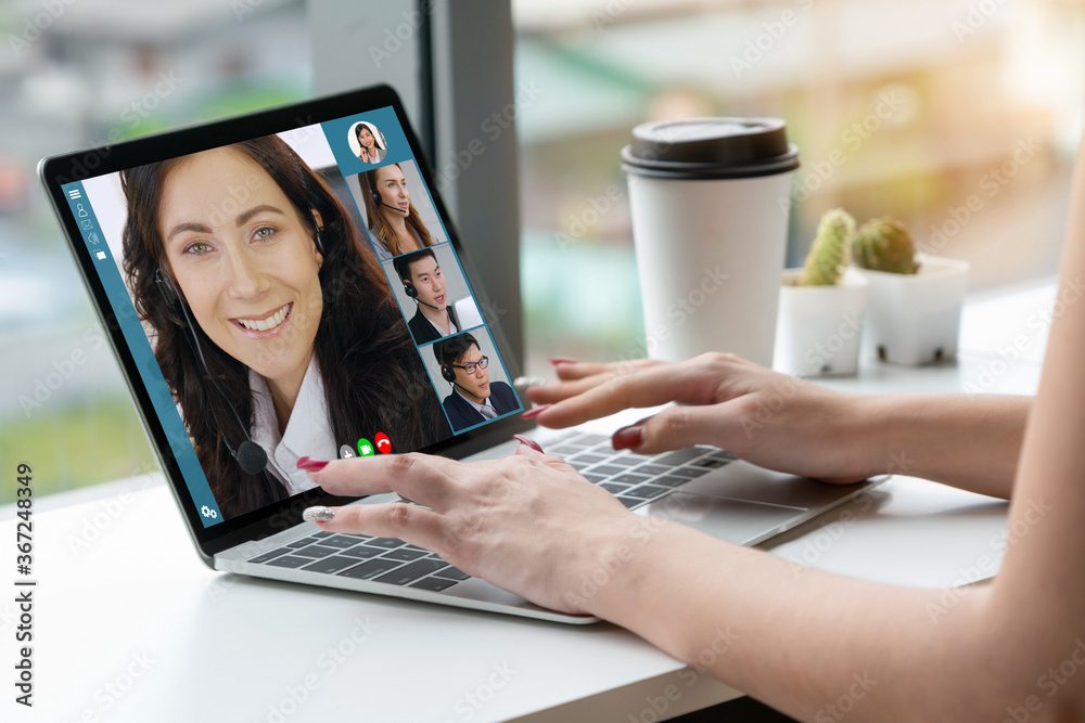 Video call business people meeting on virtual workplace or remote office. Telework conference call u