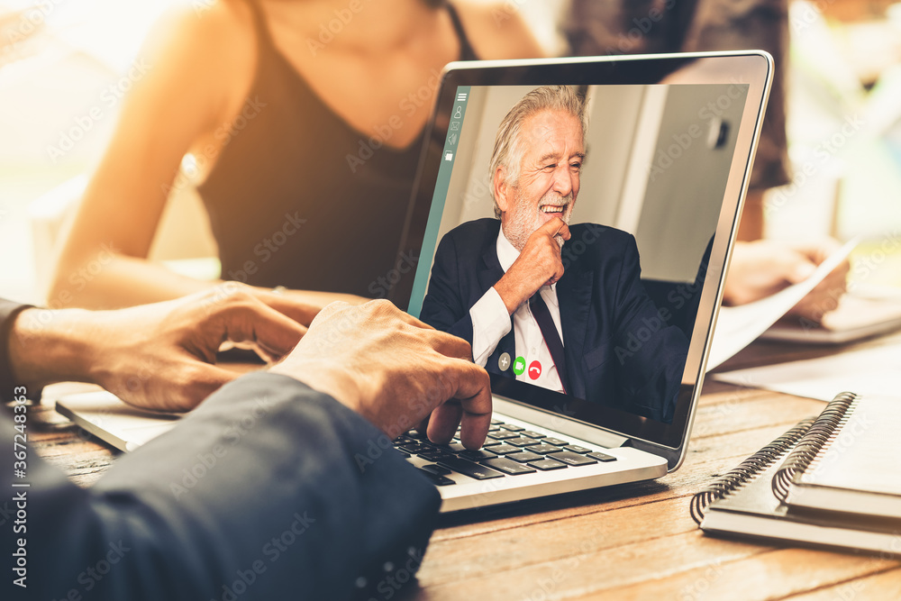 Video call group business people meeting on virtual workplace or remote office. Telework conference 