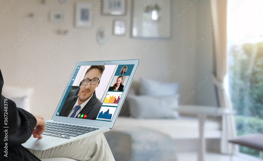 Video call business people meeting on virtual workplace or remote office. Telework conference call u