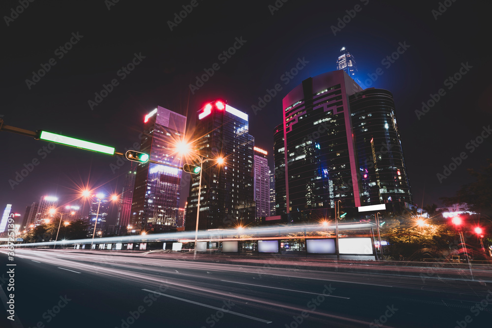 the light trails on the modern building background