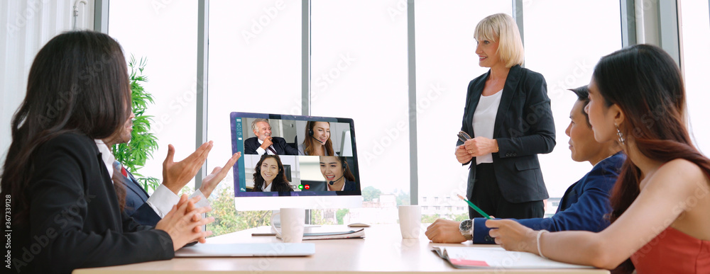 Video call group business people meeting on virtual workplace or remote office. Telework conference 