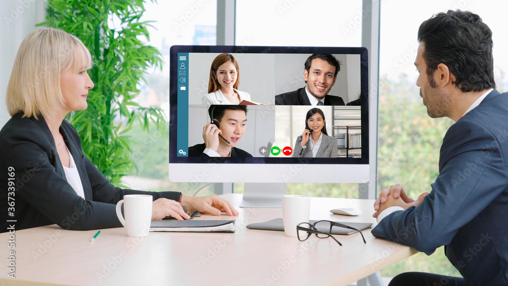 Video call group business people meeting on virtual workplace or remote office. Telework conference 