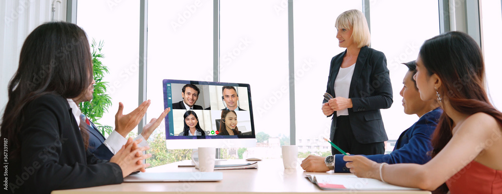 Video call group business people meeting on virtual workplace or remote office. Telework conference 