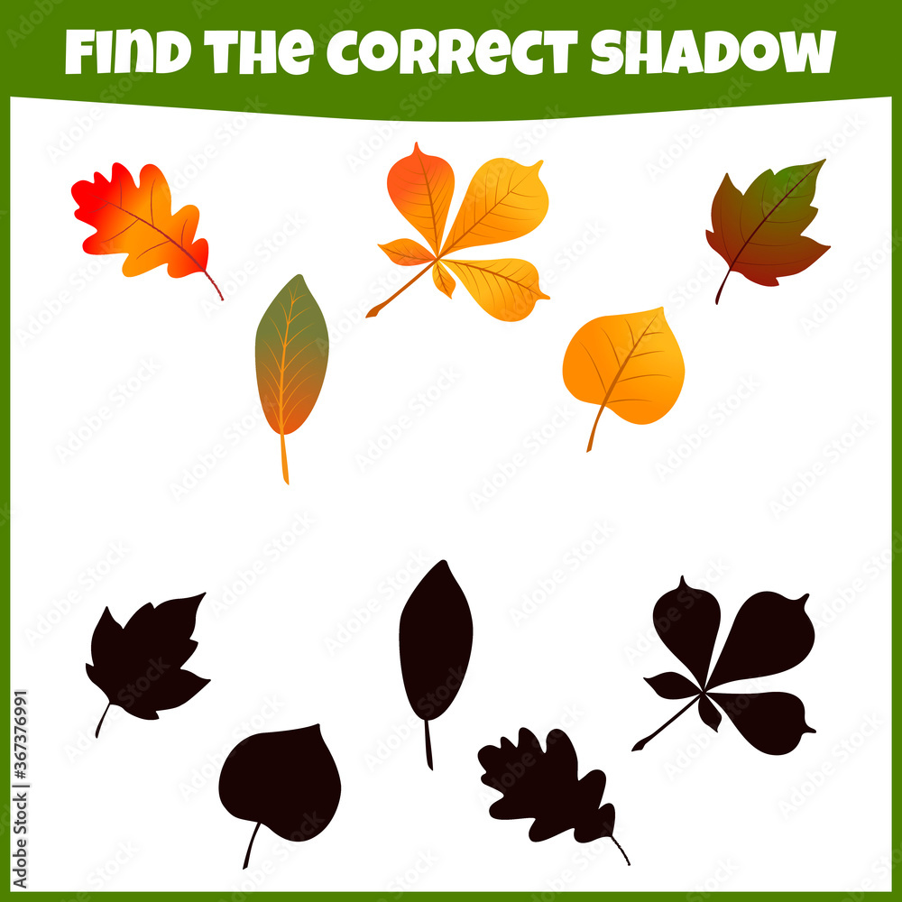 Educational game for children. Find the correct shadow. Autumn leaves. Mini-game for children.