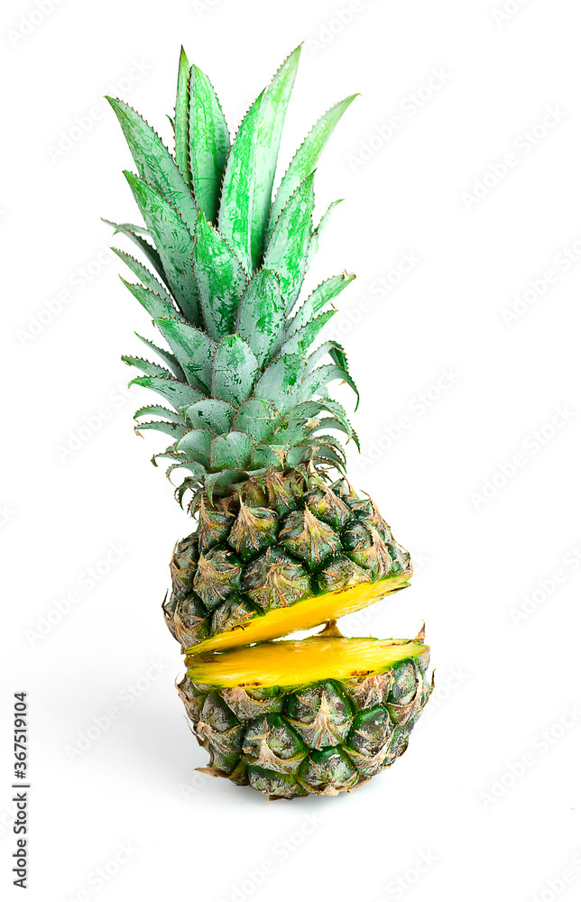 single whole pineapple and sliced pineapple isolated on white background, with clipping path.