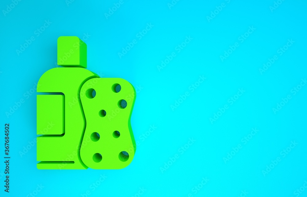 Green Bottle of shampoo and sponge icon isolated on blue background. Minimalism concept. 3d illustra