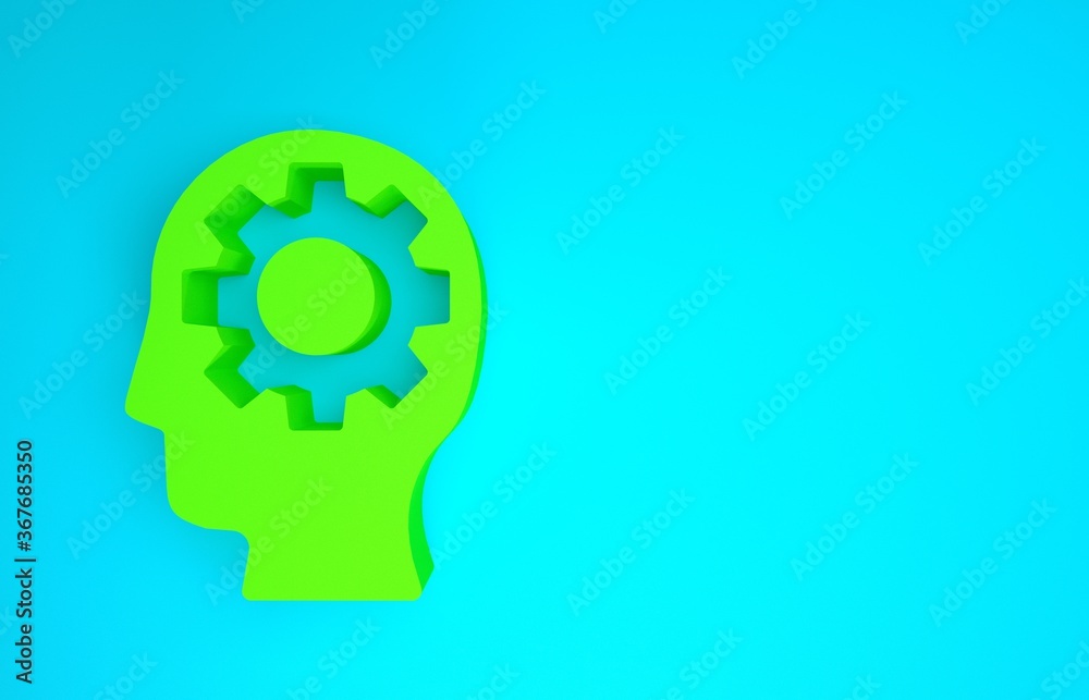 Green Human head with gear inside icon isolated on blue background. Artificial intelligence. Thinkin