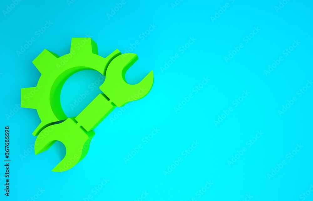 Green Wrench spanner and gear icon isolated on blue background. Adjusting, service, setting, mainten