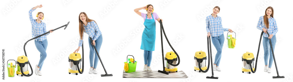 Young woman with vacuum cleaner and supplies on white background