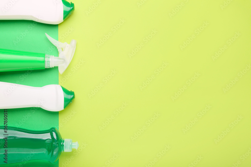 Set of cleaning supplies on color background