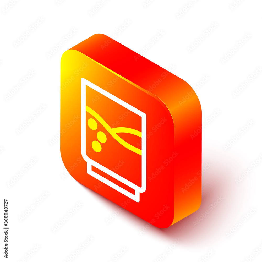 Isometric line Glass with water icon isolated on white background. Soda glass. Orange square button.