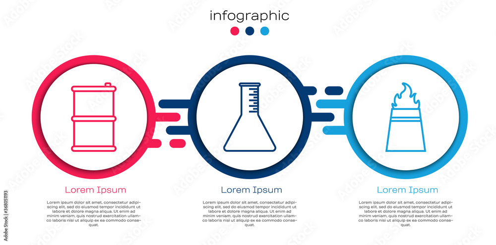 Set line Barrel oil, Oil petrol test tube and Oil rig with fire. Business infographic template. Vect