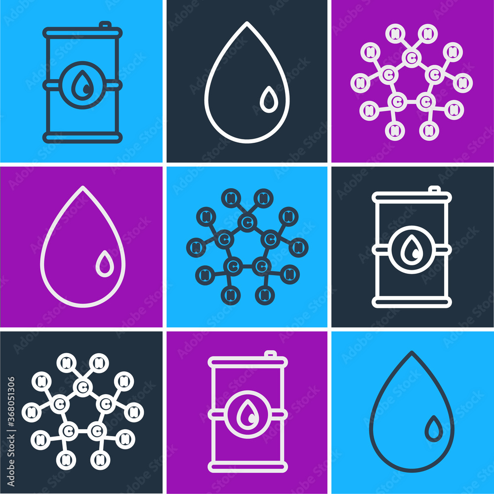 Set line Barrel oil, Molecule oil and Oil drop icon. Vector.