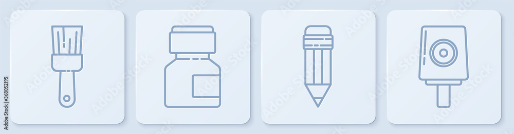 设置线条画笔，带橡皮擦的铅笔，油漆，水粉，罐子，染料和喷雾罐喷嘴帽。白色s