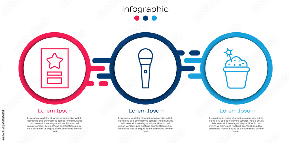 设置线路贺卡、卡拉OK麦克风和蛋糕。商业信息图模板。矢量。